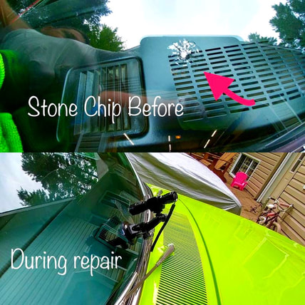 Picture of bright green car's windshield stone chip before and during repair