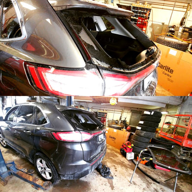 Picture of black 2015 Ford Edge with broken backless being replaced